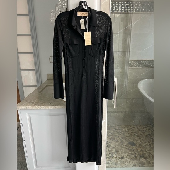 AYA MUSE Amur Mesh Button-Front Collared Maxi Dress Black - Picture 7 of 13